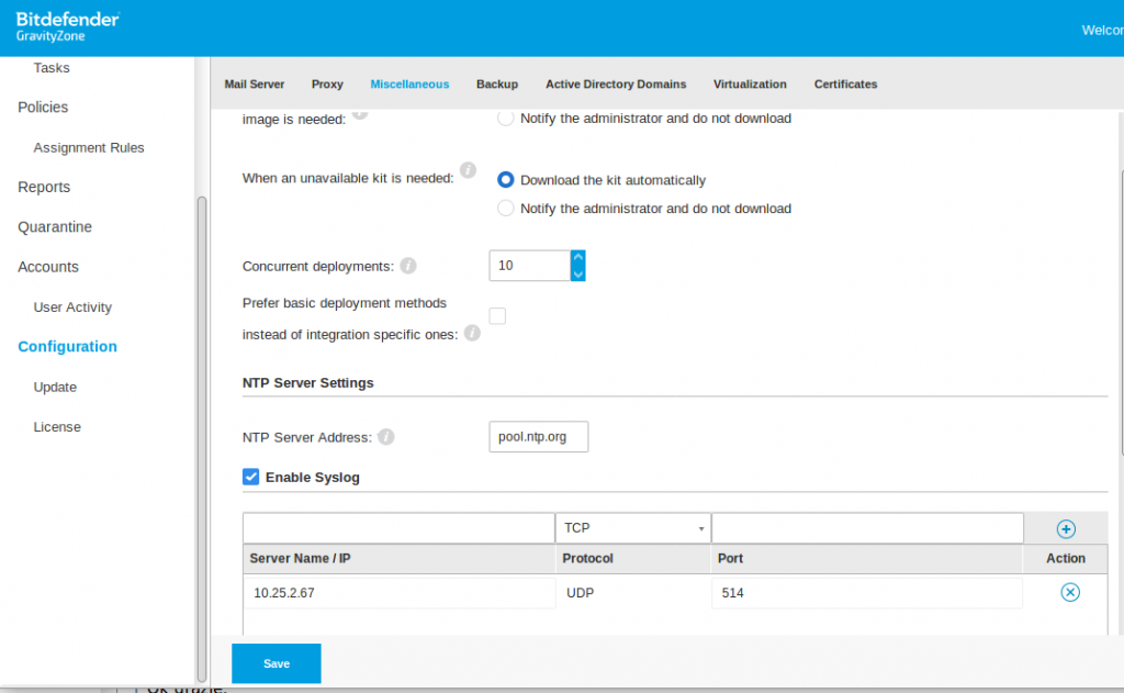 Syslog configuration on Bitdefender GravityZone