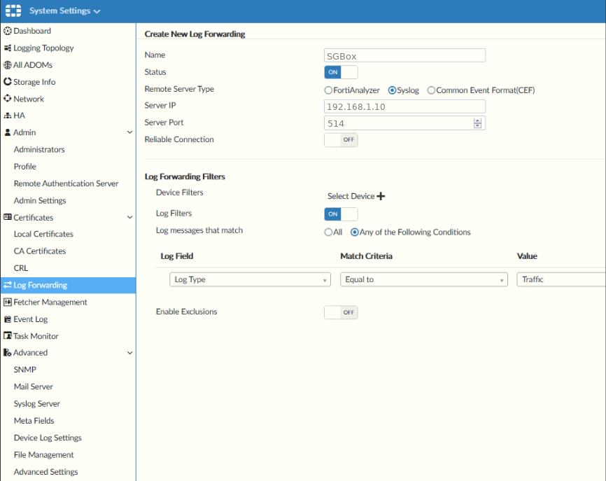 Syslog configuration on Fortinet