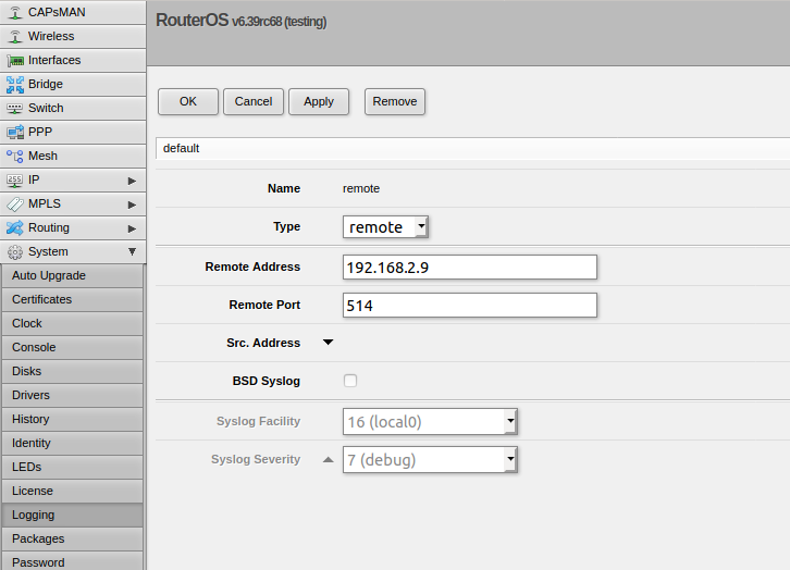 Syslog configuration on MikroTik