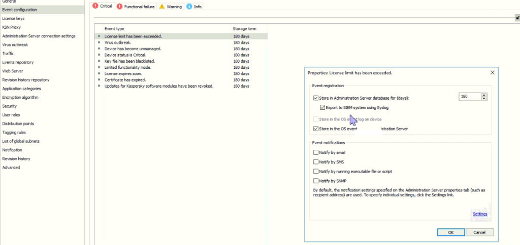 Syslog Configuration on Kaspersky