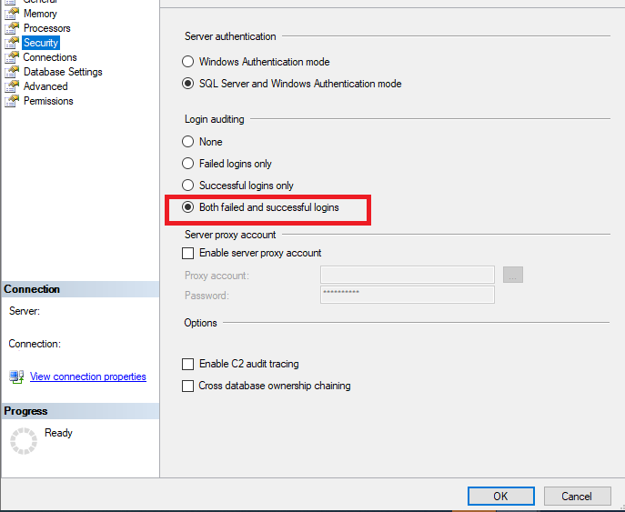 Configure login auditing MSSQL (SQL Server Management Studio)