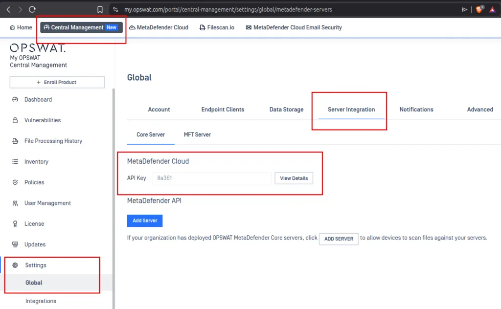 API configuration on OPSWAT
