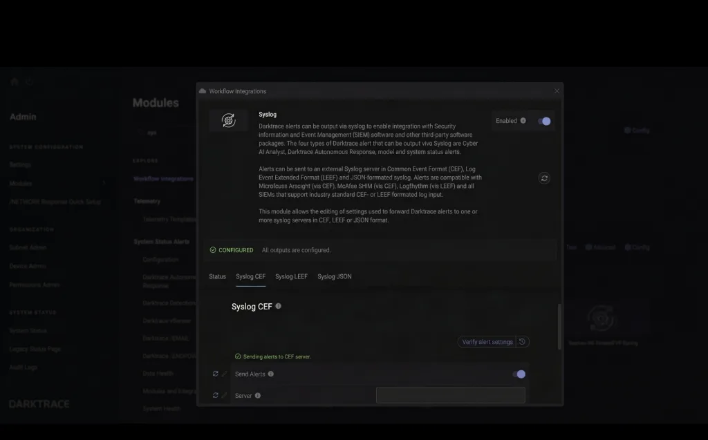Syslog configuration on DarkTrace