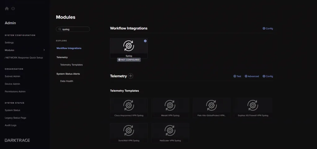 Syslog configuration on DarkTrace